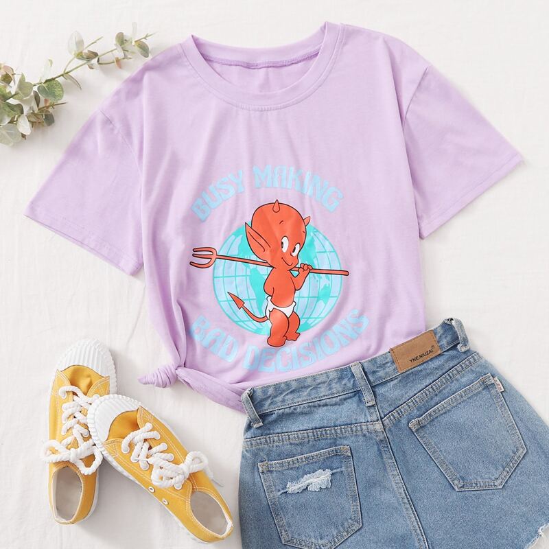 

Cartoon & Letter Graphic Purple Tee