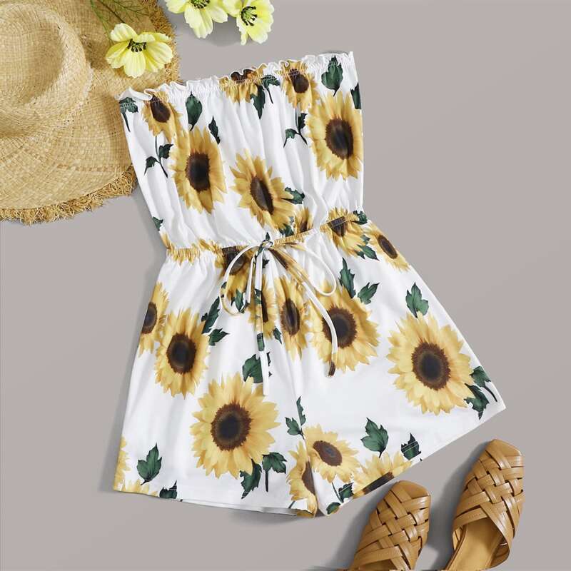 

Frill Trim Tie Waist Sunflower Print Tube Romper, White