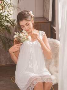 蝴蝶结前蕾丝边睡衣睡裙