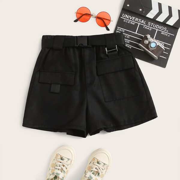 

Girls Flap Pocket Shorts With Buckle Belt, Black