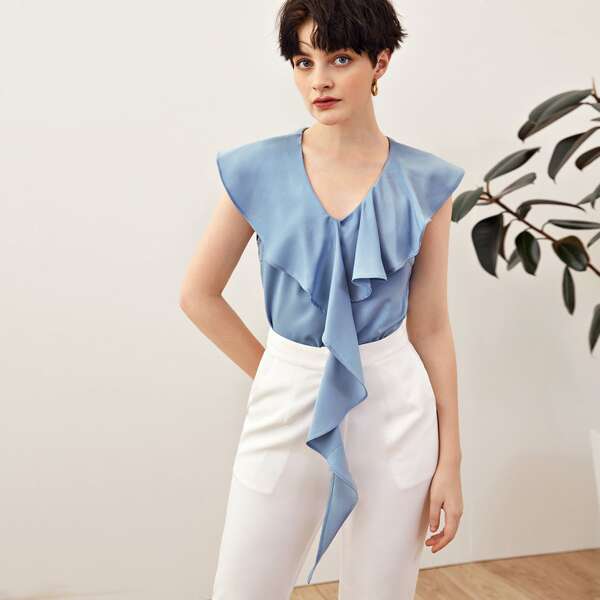 

Стильный топ с оборками, Синий пастельный