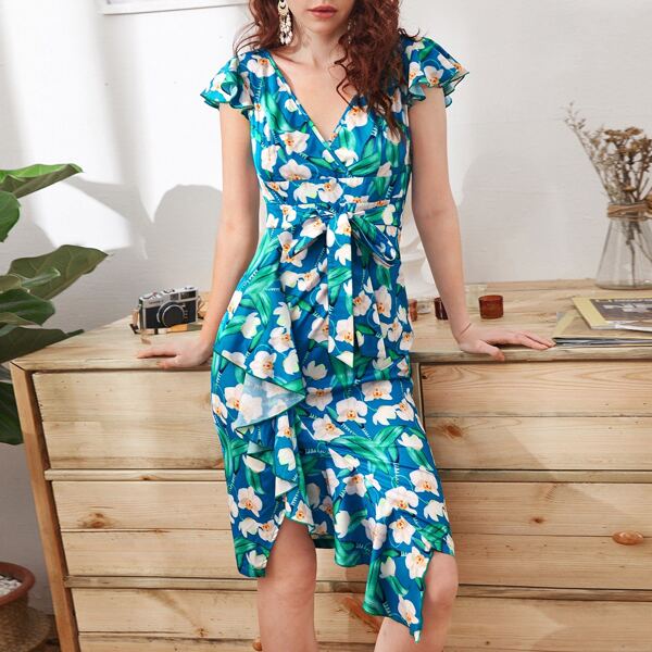 

Allover Floral Print Asymmetric Hem Belted Dress, Blue