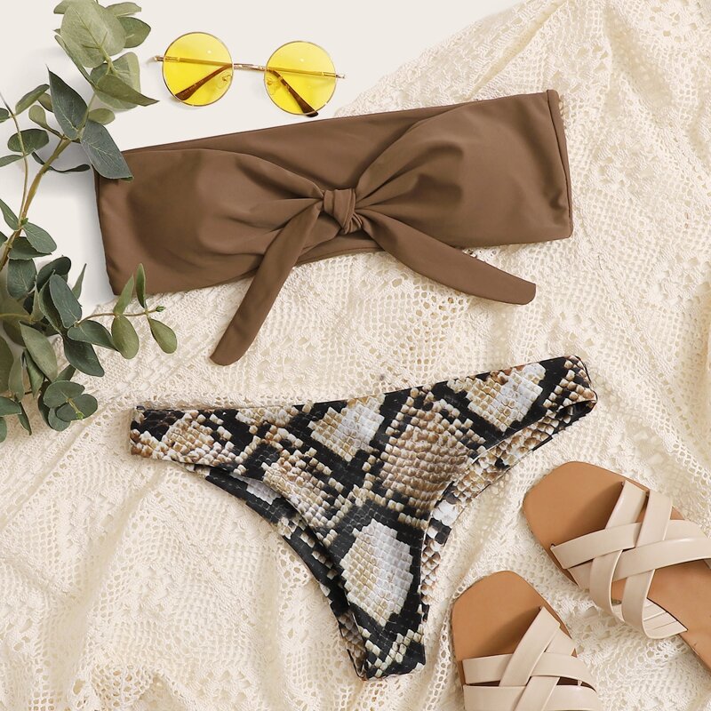 

Snakeskin Knot Front Bandeau Bikini Swimsuit, Brown