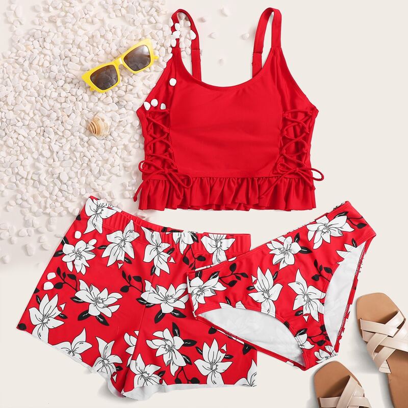 

3pack Floral Ruffle Hem Co-ord Bikini Swimsuit, Red