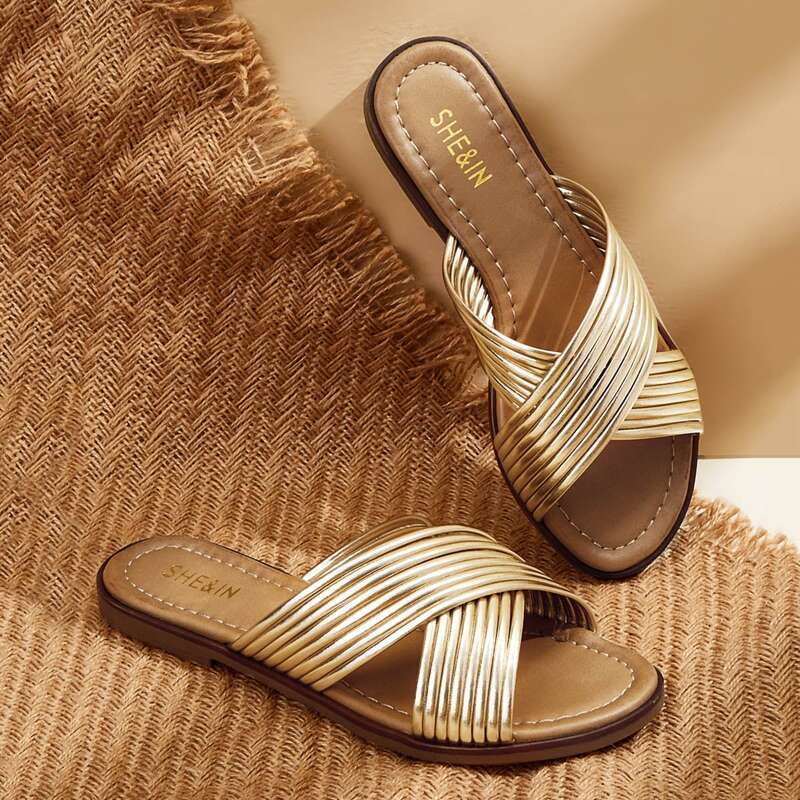 

Metallic Cross Strap Sliders, Gold