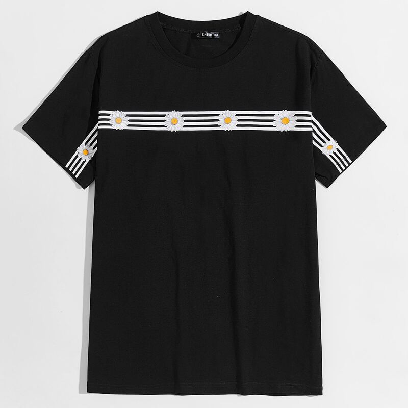 

Guys Sunflower & Striped Print Tee, Black