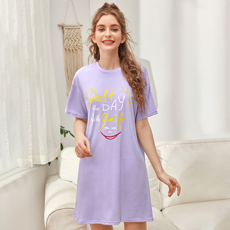 

Slogan Graphic Short Sleeve Nightdress, Purple