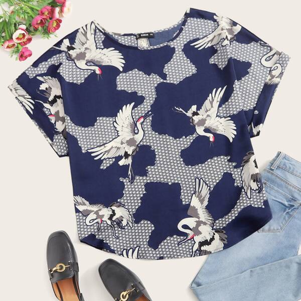 

Plus Crane Bird Print Batwing Sleeve Top, Multicolor