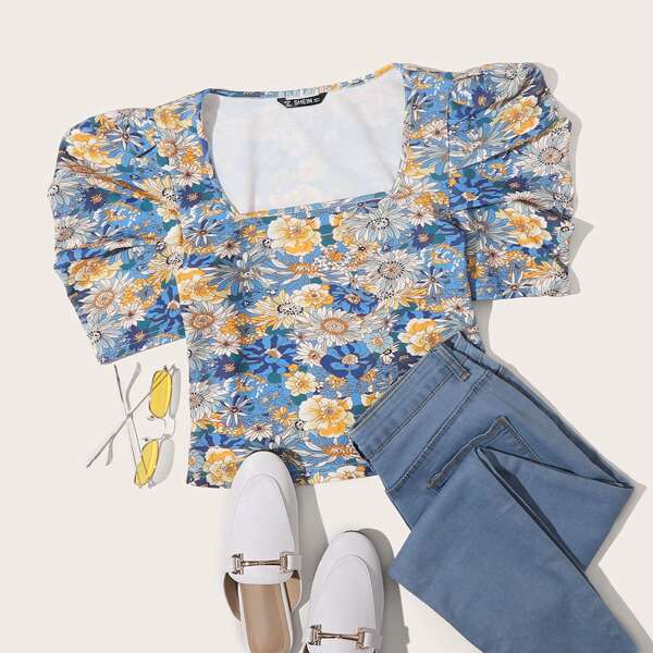 

Square Neck Puff Sleeve Floral Crop Top, Multicolor