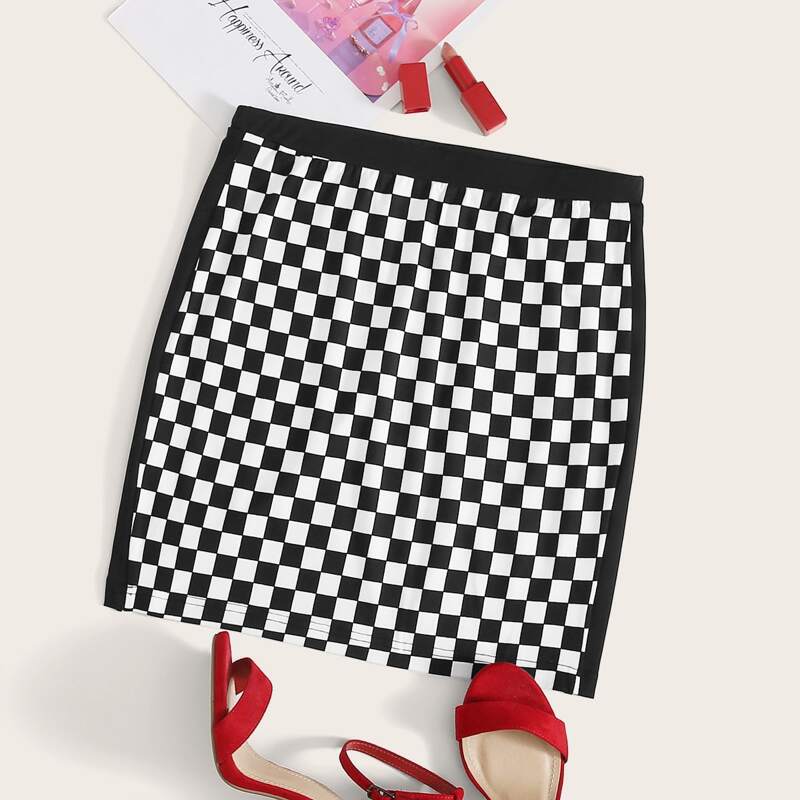 

Elastic Waist Checker Skirt, Black and white