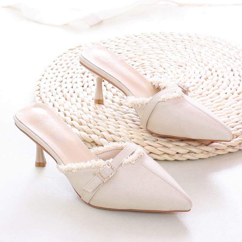 

Point Toe Fray Stiletto Heeled Mules, Beige