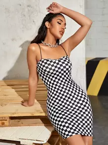 SHEIN Checkered Bodycon Dress - Black and White - View 1