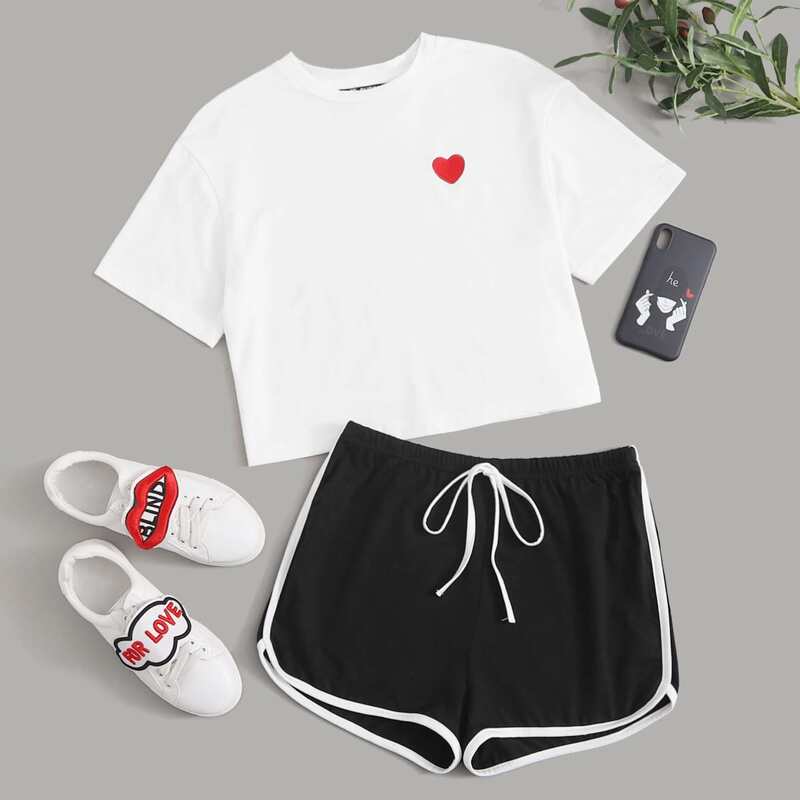 

Heart Embroidered Top & Contrast Binding Dolphin Shorts Set, Black and white