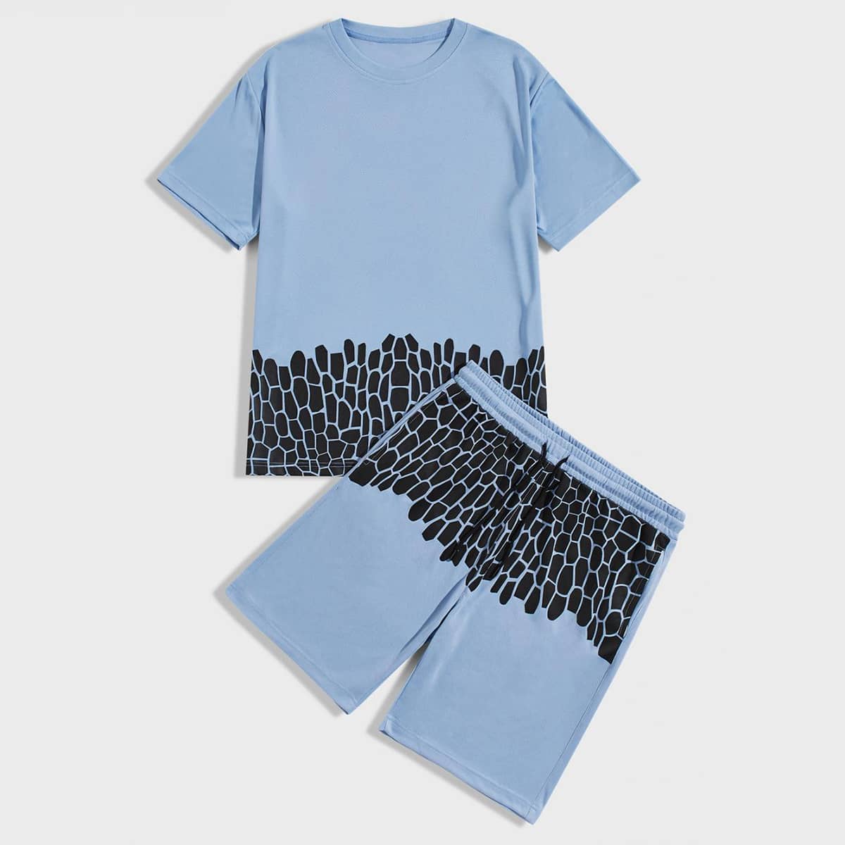 

Guys Graphic Print Colorblock Tee & Drawstring Shorts, Blue