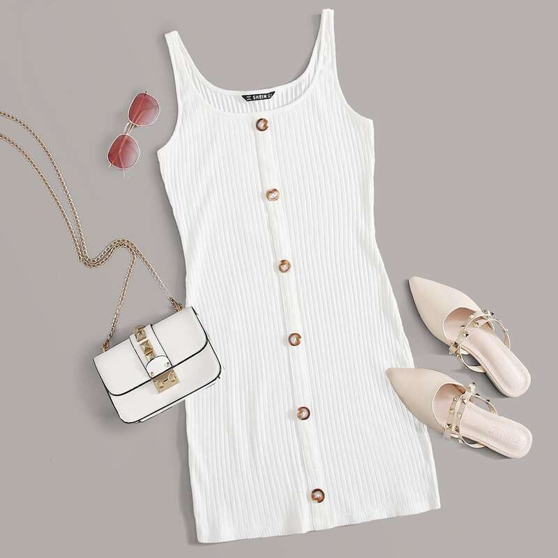 

Buttoned Front Rib-knit Slip Dress, White