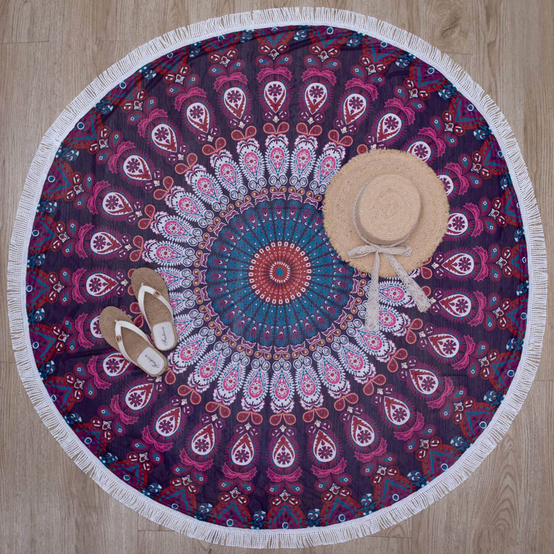 

Tribal Fringe Trim Round Beach Blanket, Purple