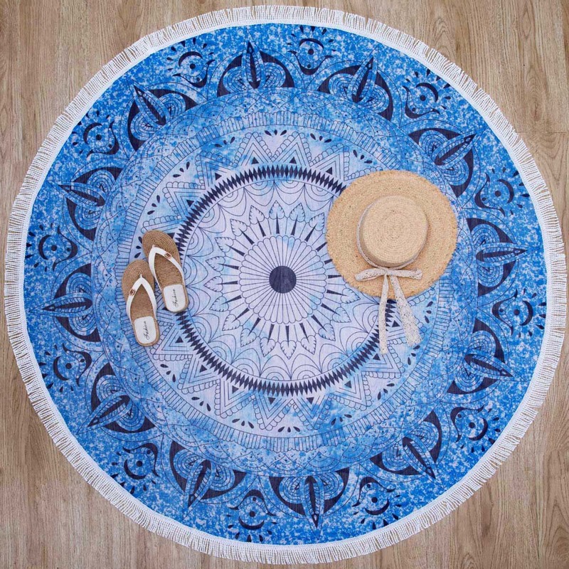 

Tribal Fringe Trim Round Beach Blanket, Blue