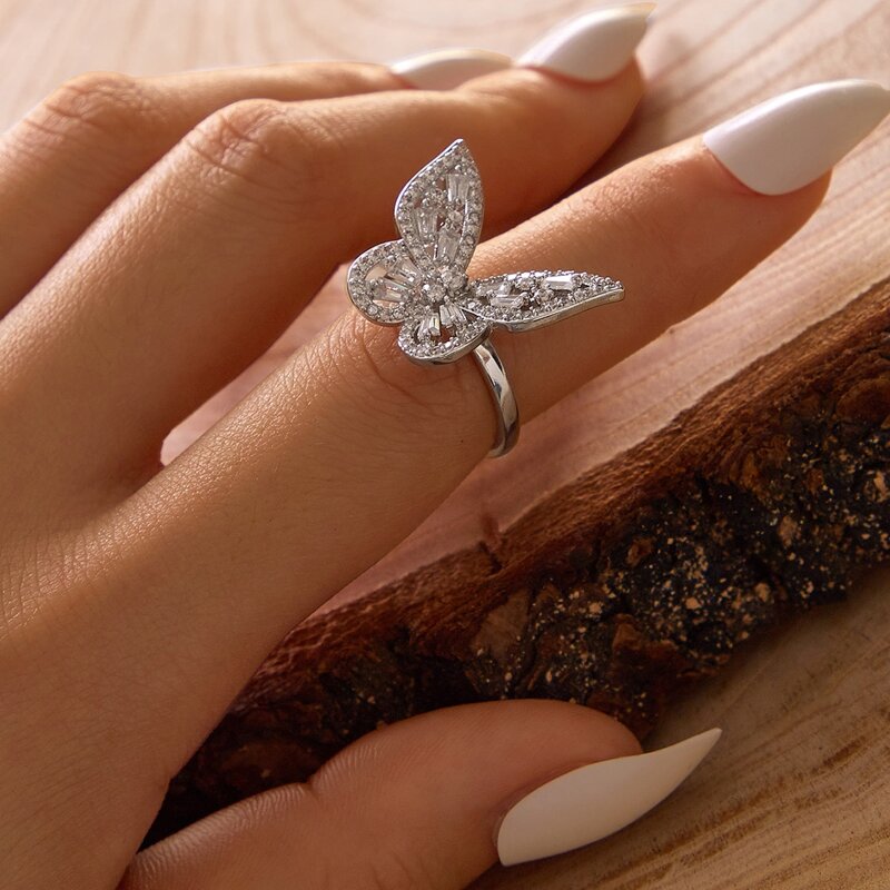 

1pc Rhinestone Decor Butterfly Decor Cuff Ring, Silver