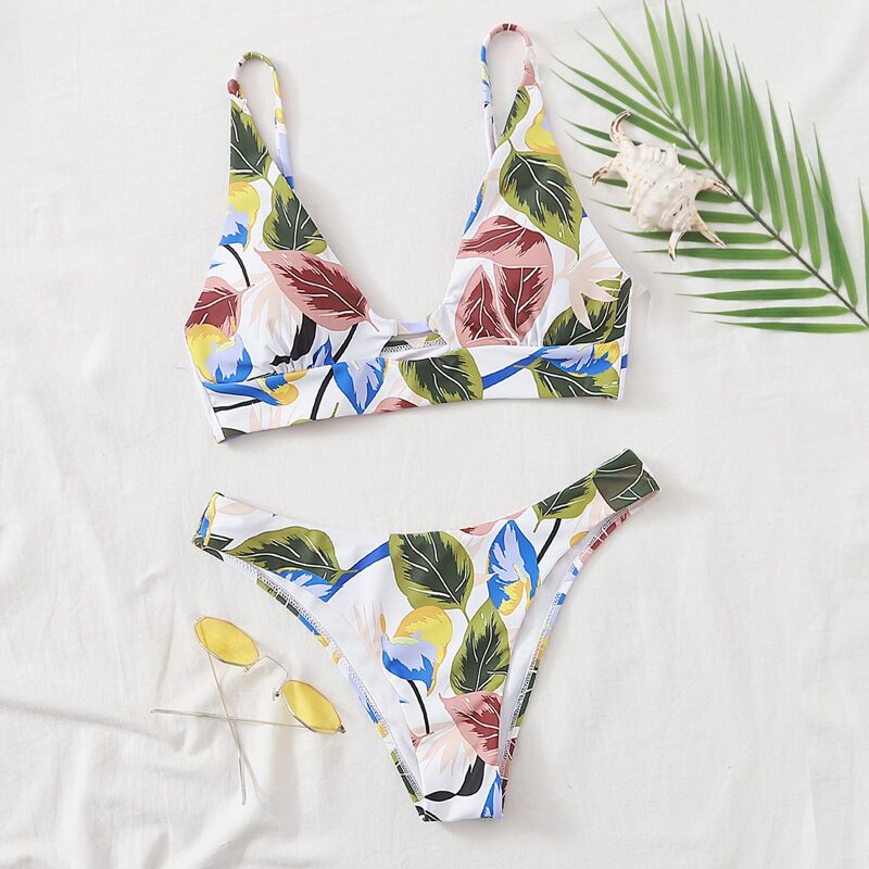 

Leaf Print Bikini Swimsuit, Multicolor