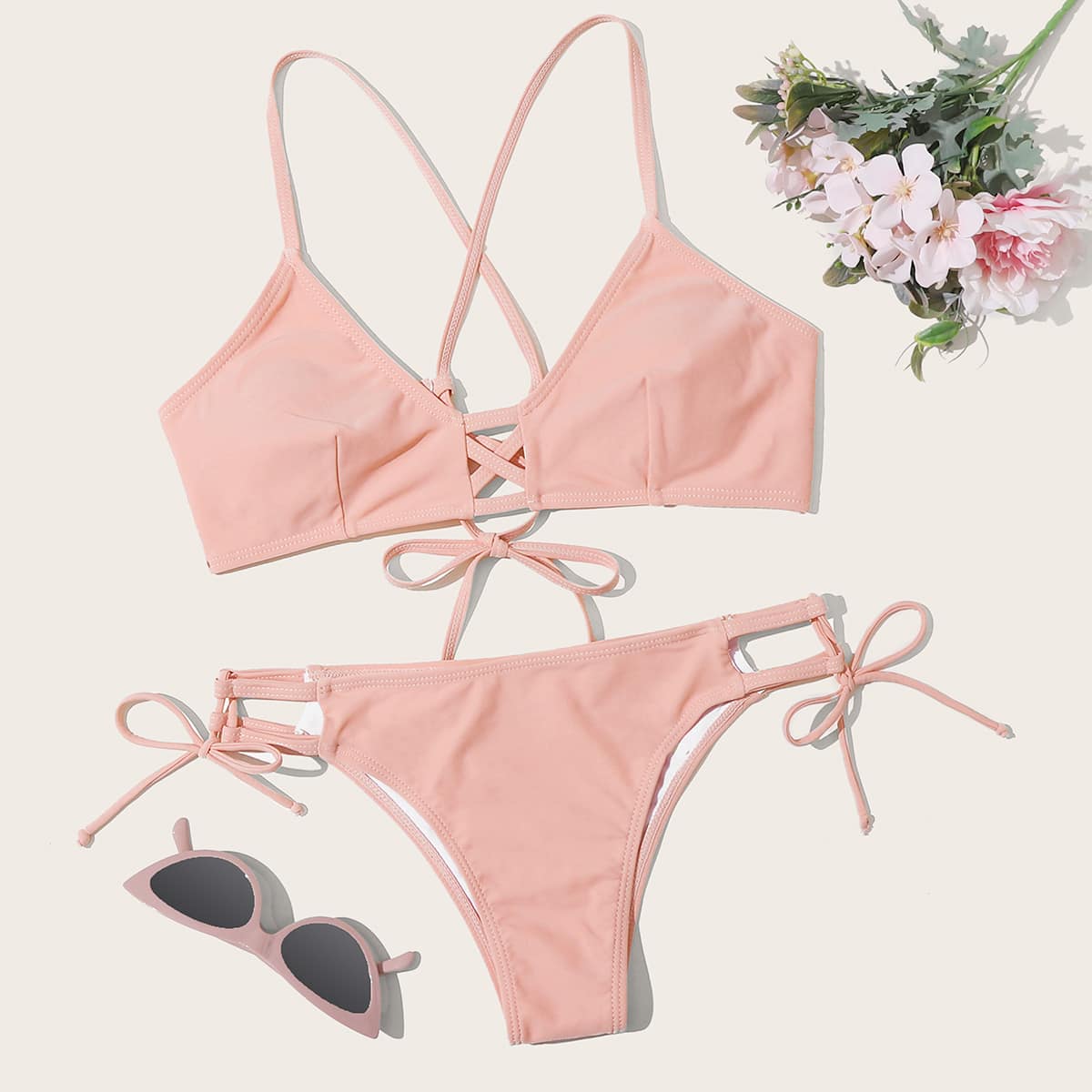 

Criss Cross Tie Side Bikini Swimsuit, Pink