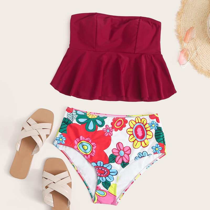 

Floral Ruffle Hem Bandeau Bikini Swimsuit, Multicolor