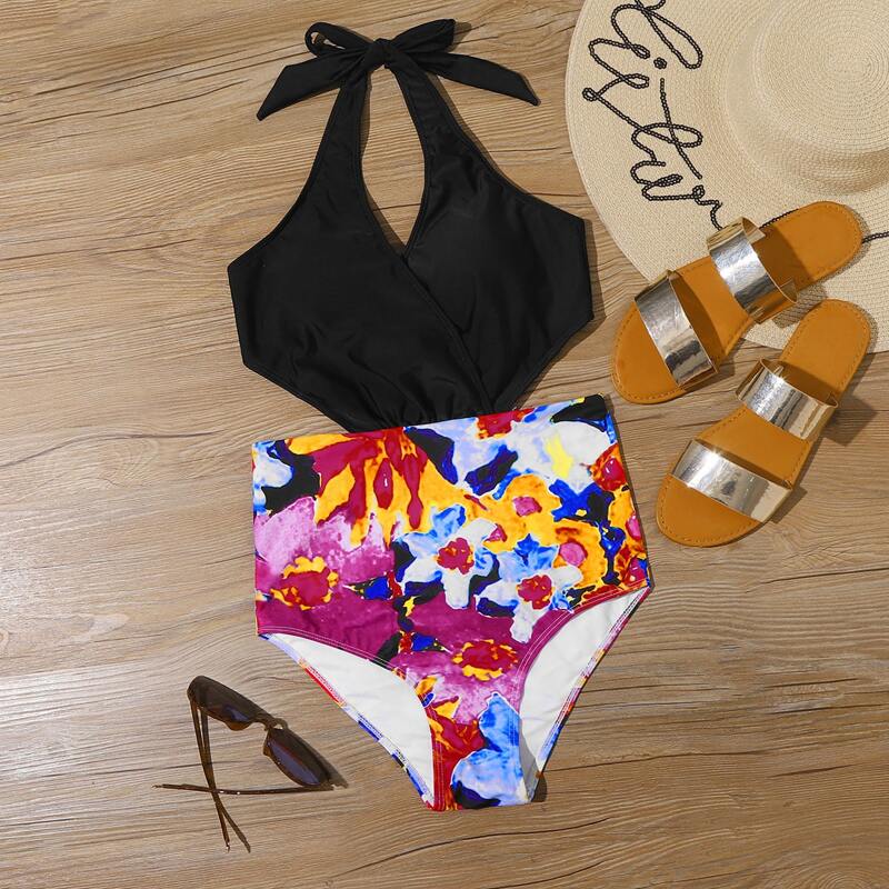 

Floral Cut-out Waist Halter Monokini, Multicolor
