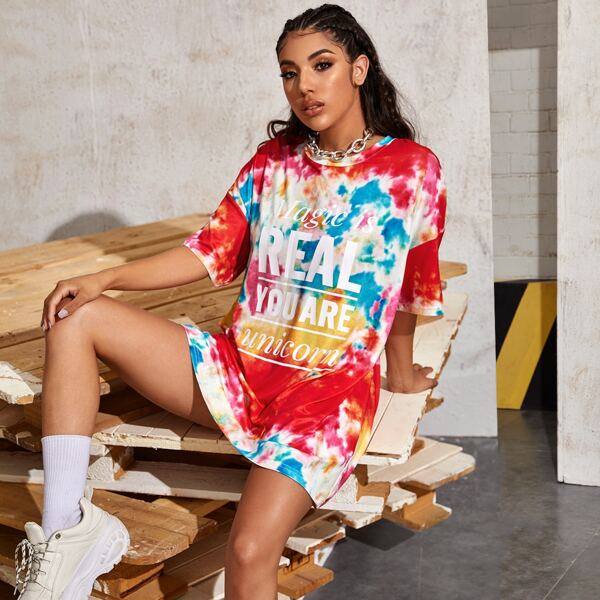 

Tie Dye & Slogan Graphic Oversized Tee, Multicolor