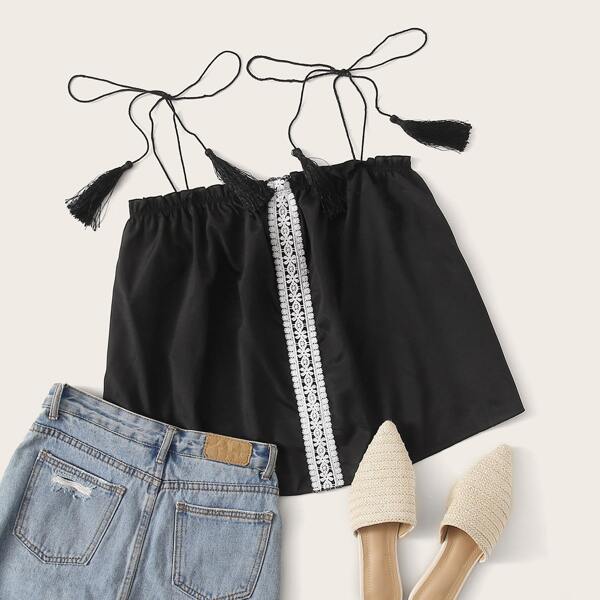

Guipure Lace Panel Tassel Tie Shoulder Cami Top, Black