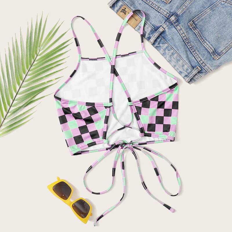 

Colorful Checkerboard Lace Up Back Cami, Multicolor