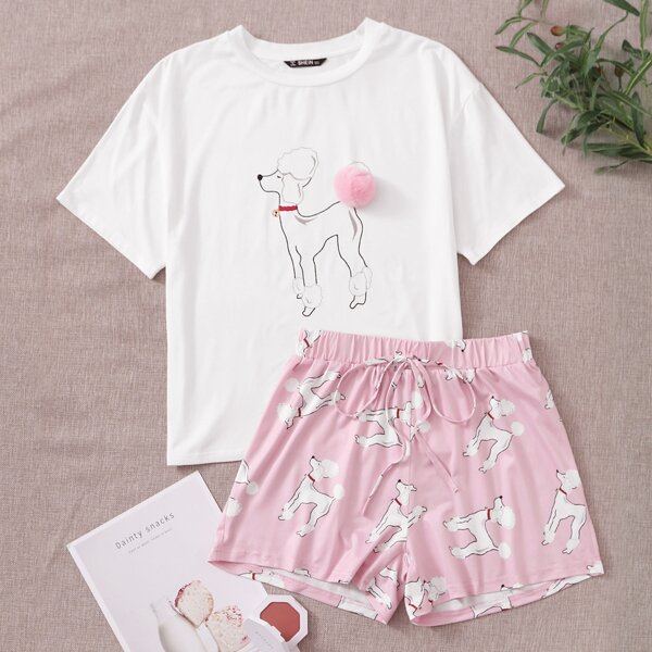 

Pompom Dog Print Top & Tie Front Shorts PJ Set, Multicolor