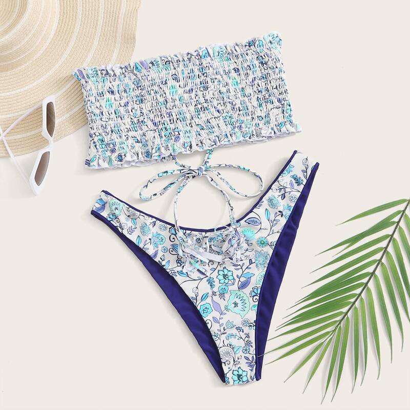 

Floral Smocked Bandeau High Leg Bikini Swimsuit, Multicolor