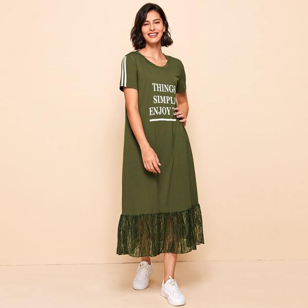 

Lace Ruffle Hem Striped Tape Slogan Graphic Dress, Green
