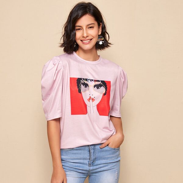 

Puff Sleeve Figure Graphic Top, Pink