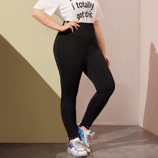 

Plus Beaded High Waist Solid Leggings, Black