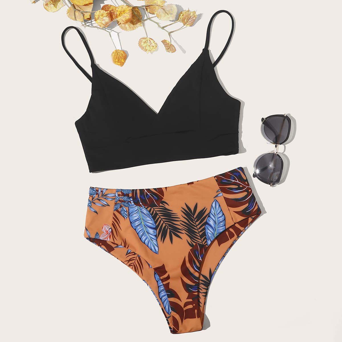 

Plant Print High Waisted Bikini Swimsuit, Multicolor
