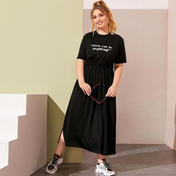 

Plus Slogan Graphic Split Side Dress, Black