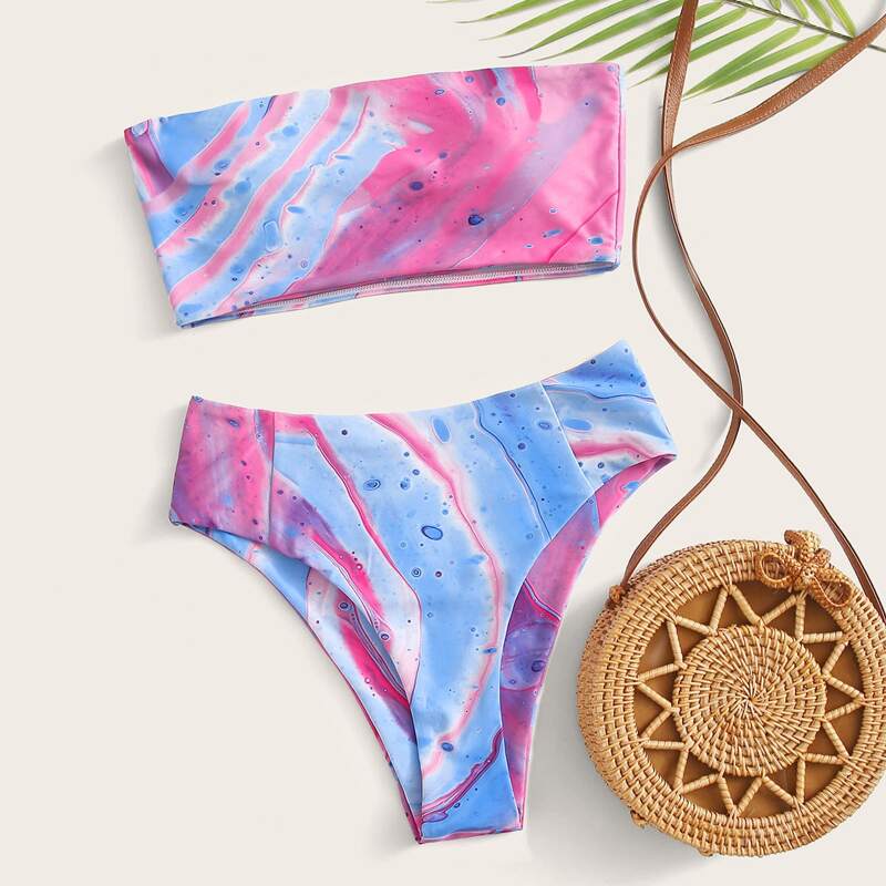 

Graphic Print Bandeau Bikini Swimsuit, Multicolor