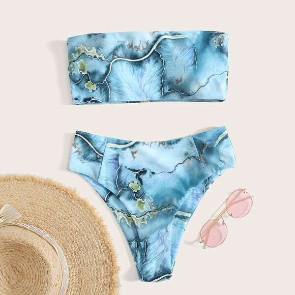 

Tie Dye Bandeau High Waisted Bikini Swimsuit, Blue