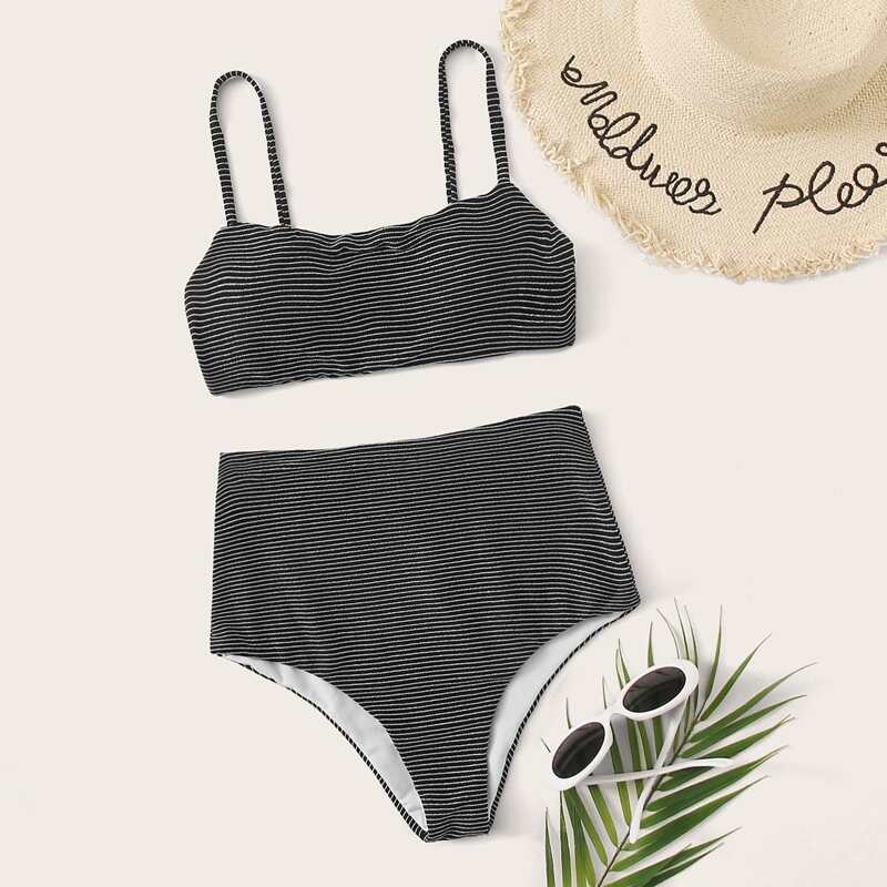 

Striped High Waisted Bikini Swimsuit, Black