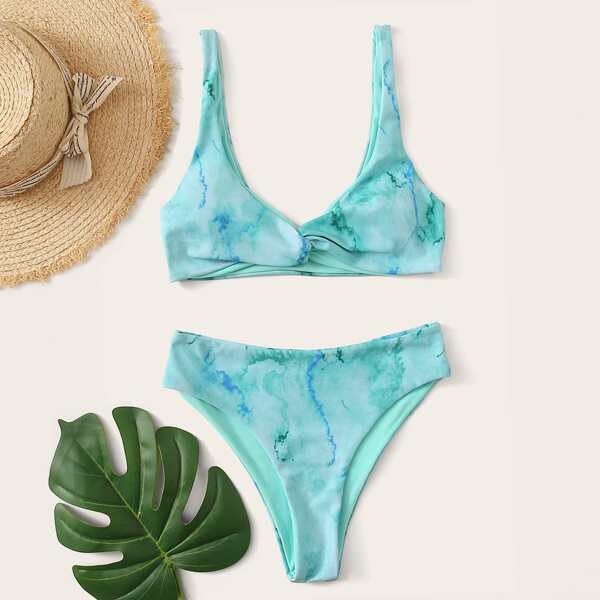 

Water Color Twist Bikini Swimsuit, Green