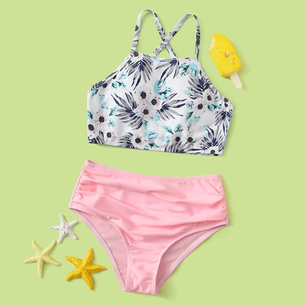 

Girls Tropical Crisscross Back Bikini Swimsuit, Multicolor