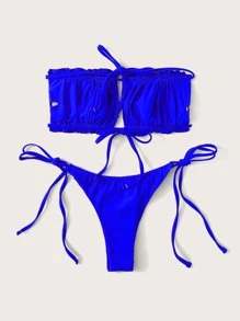 SHEIN Swim Summer Beach Ruched Frill Bandeau Tie Side Bikini Set