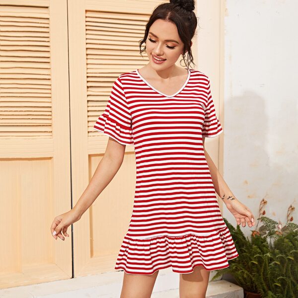 

Striped Flounce Sleeve Babydoll Dress, Multicolor