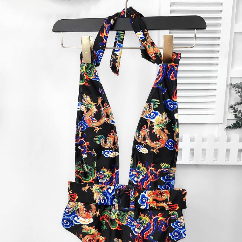 

Dragon Print Belted Plunging One Piece Swimsuit, Multicolor