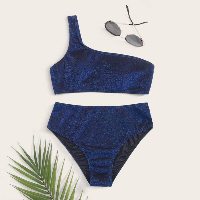 

Glitter One Shoulder Bikini Swimsuit, Navy blue