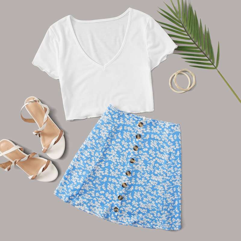 

White Tee & Ditsy Floral Button Front Skirt, Blue