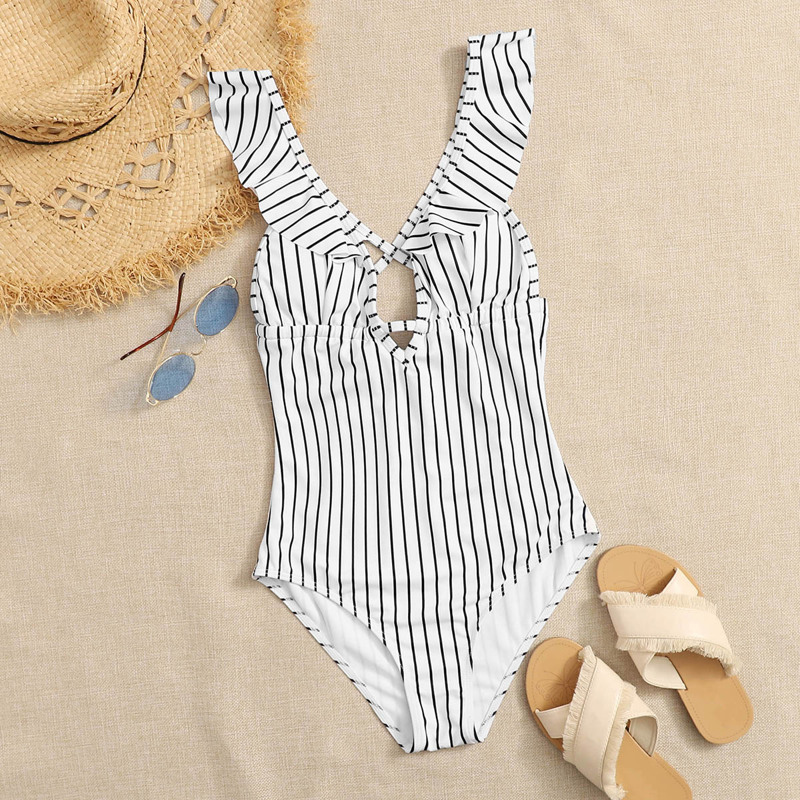 

Striped Ruffle Trim One Piece Swimsuit, Black and white