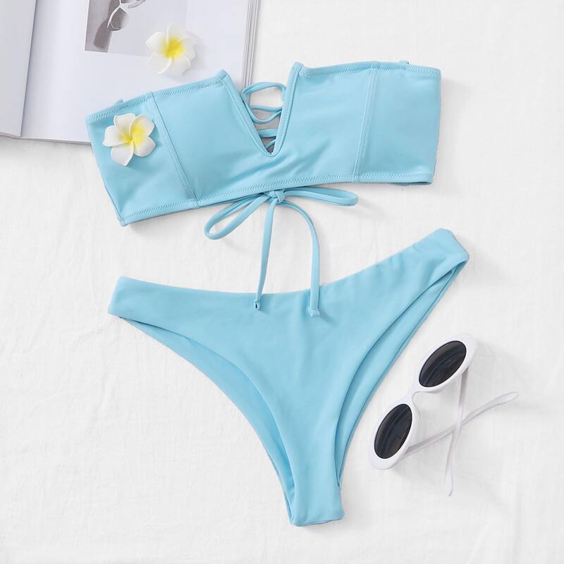 

V Wired Lace-up Bandeau Bikini Swimsuit, Blue