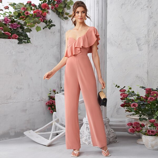 

One Shoulder Ruffle Trim Jumpsuit, Pink