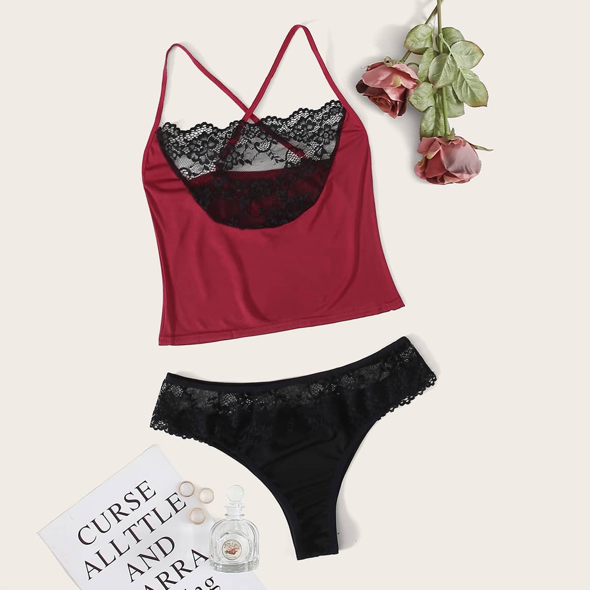 

Crisscross Lace Trim Lingerie Set, Multicolor